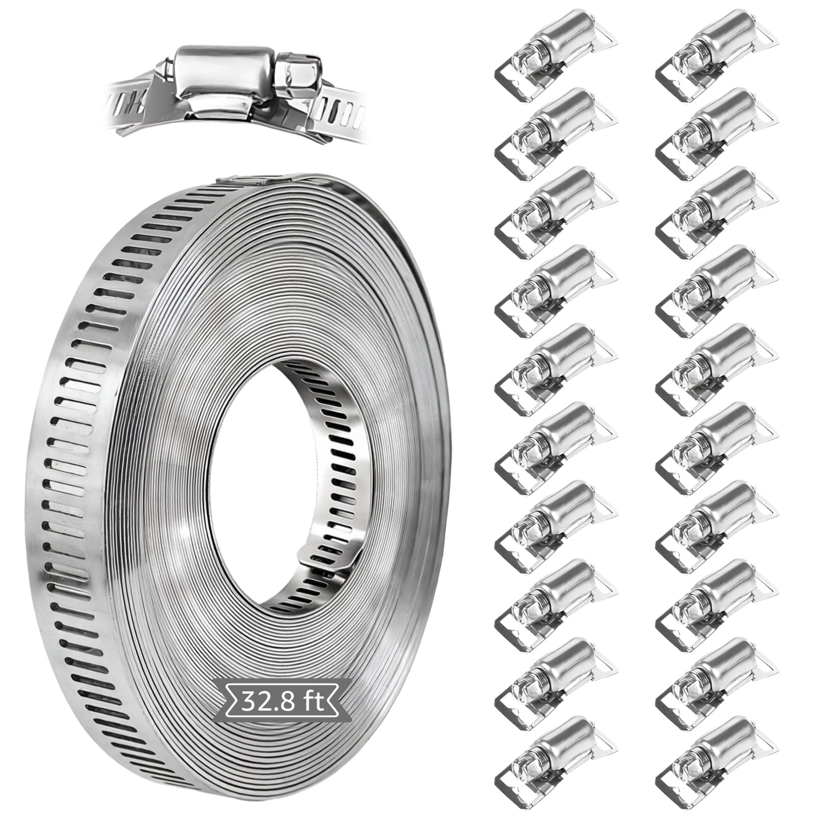 32.8ft 304 Stainless Steel Hose Clamp Kit with 20 Heavy Duty Fasteners, Adjustable Perforated Strapping Large Hose Clamps for Pipe, Duct, Tube, Automotive Mechanical