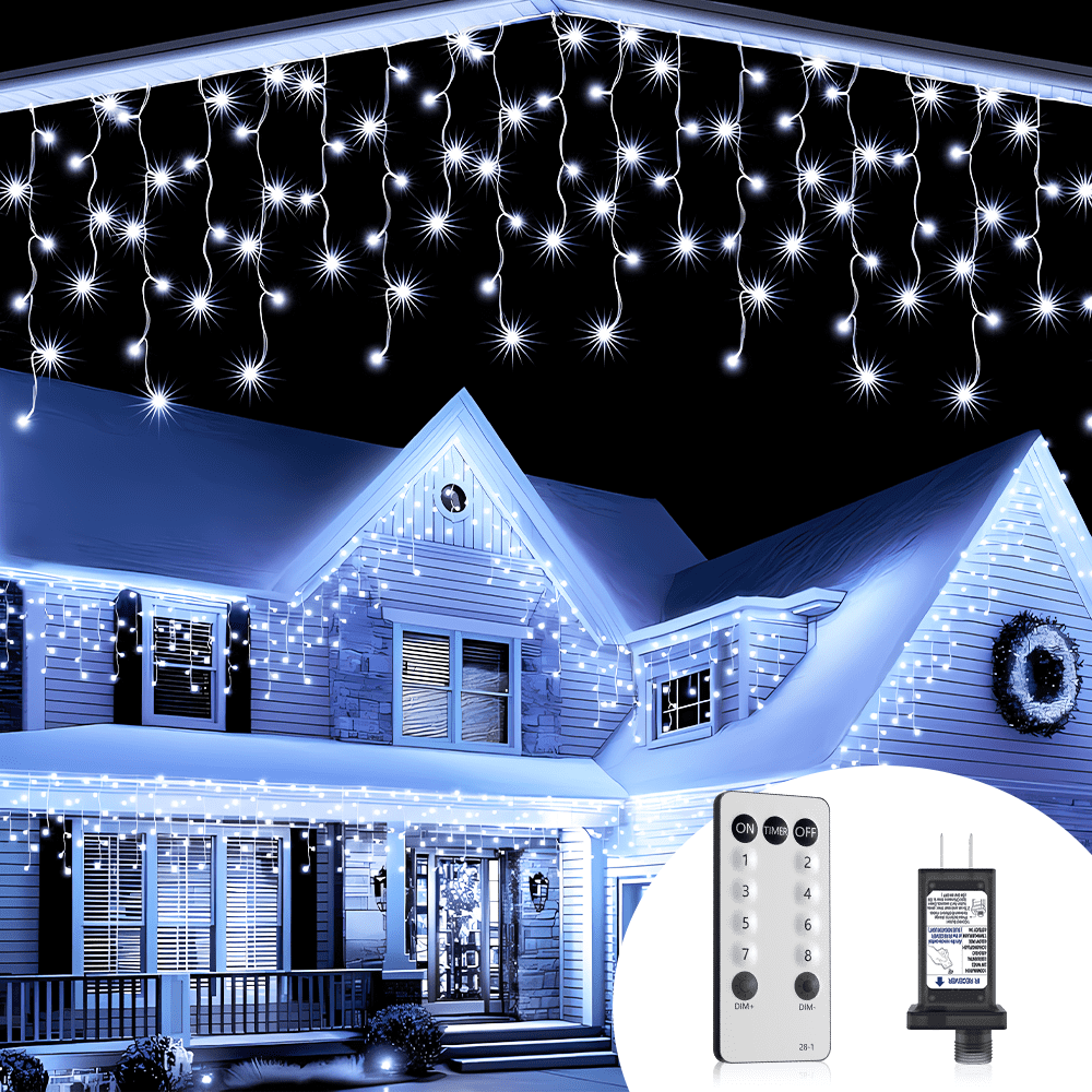 32.8ft 502LED Icicle Christmas Lights with Timer, Remote, Dimmable, 8 Modes, Waterproof String Lights for Indoor and Outdoor Use, Halloween Festival Party, Cold White