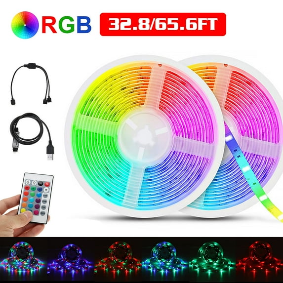 32.8ft/65.6ft LED RGB Flexible LED Strip Lights for Home Party Holiday KTV Hotel+Remote Controller