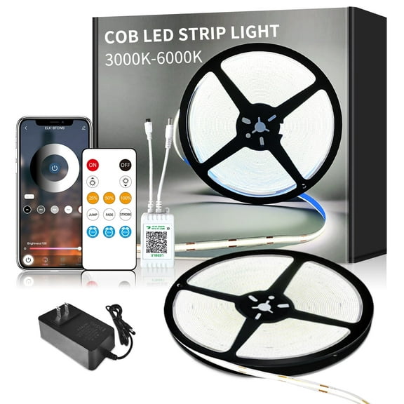 32.8ft COB LED Strip Light White Dimmable DC 24V 6000K Flexible LED Tape Light for Bedroom, with Remote and app Control LED Tape Lights,for DIY Home Decoration