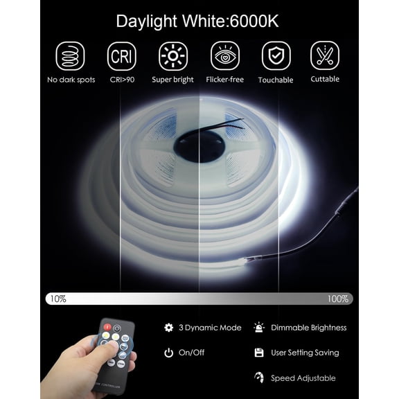 32.8ft COB Led Strip Light White 6500K Super Bright 24V LED Rope Lights with Remote Dimmable 3200LEDs CRI90+ Uniform Glow LED Tape Light for Mirror Under Cabinet Living Room Study Wardrobe