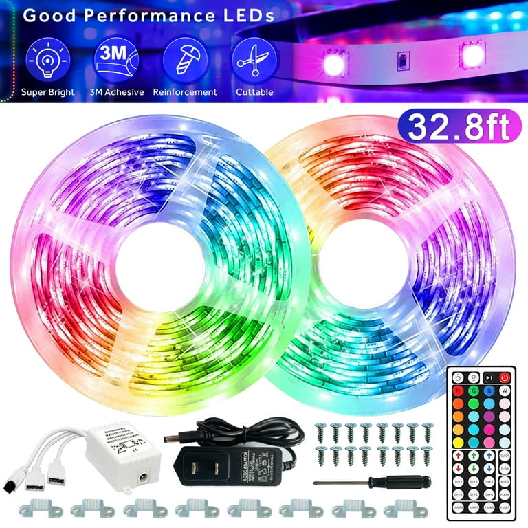32.8ft LED Strip Lights RGB 2835 300 LEDs Light Strip 20 Color Changing LED Rope Lights for Bedroom with 44Key Remote 12V DC Power Supply for Home