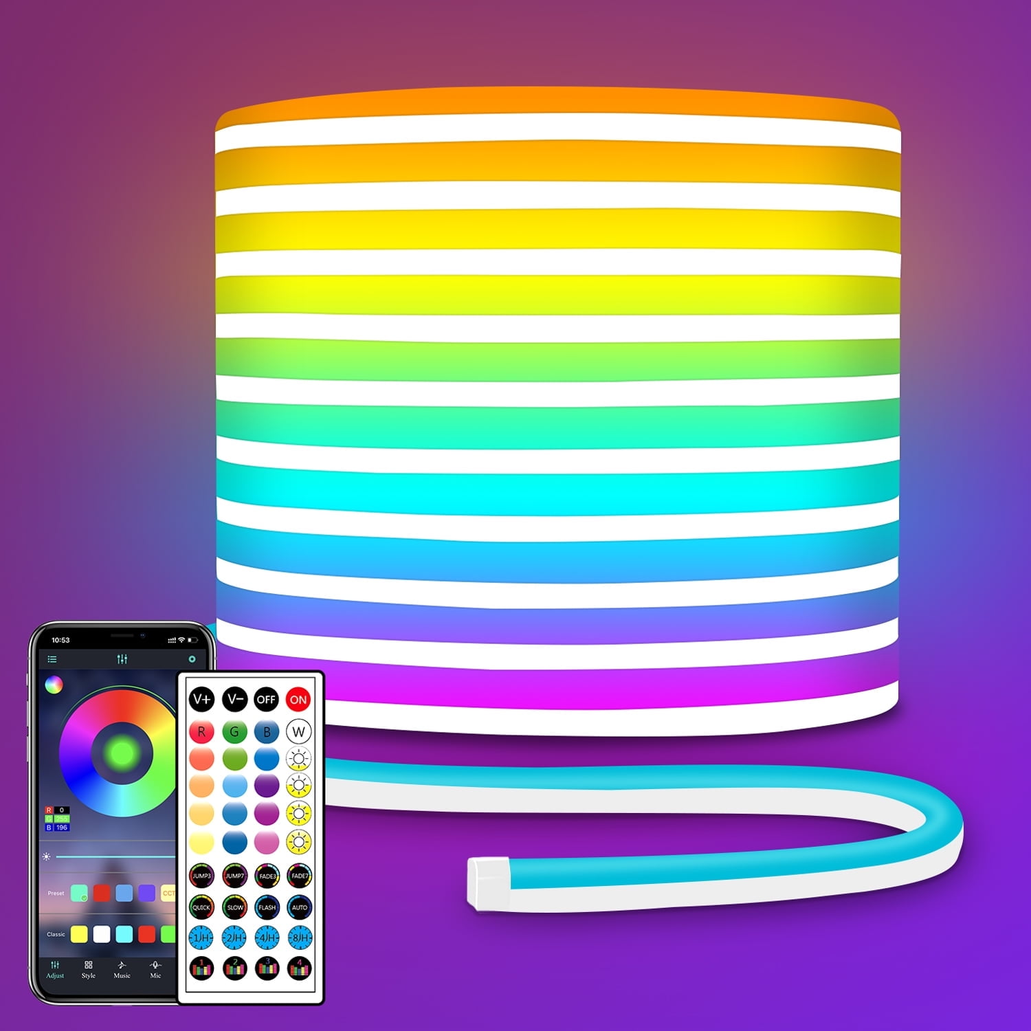 32.8ft LED neon Lights with Remote APP Control IP65 Waterproof Flexible Neon Strip Lights 24V RGB LED Rope Lights for Bedroom Room Outdoors Decor