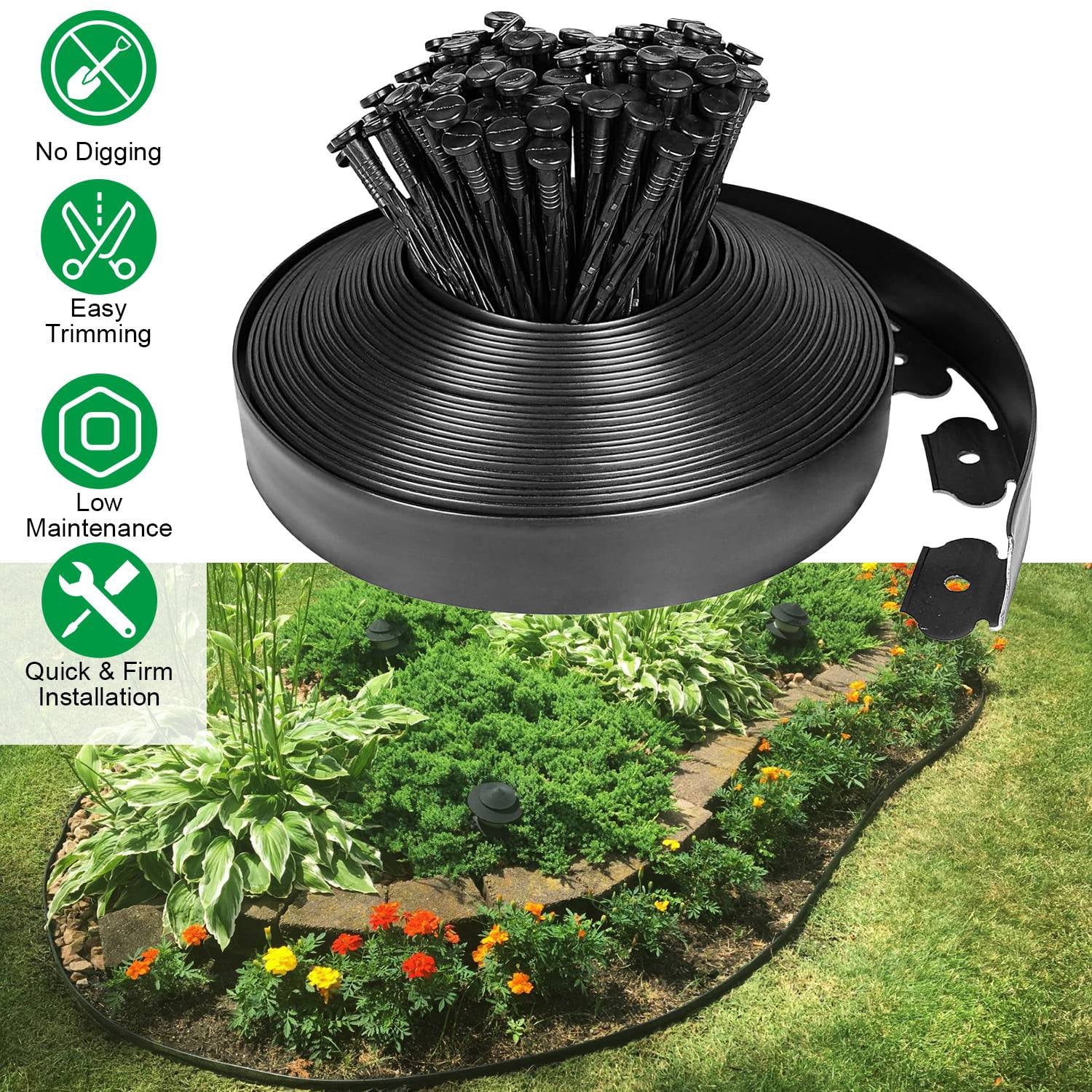 32.8ft Plastic Landscape Edging Kit 2in Tall Garden Border with 30 Stakes Black for Lawn Grass Yard