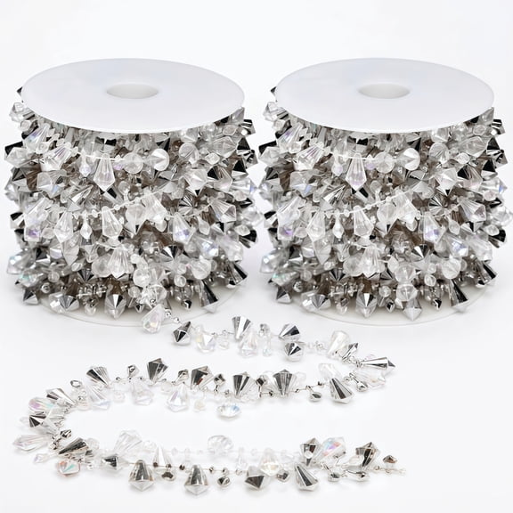 32.8ft Silver Crystal Hanging Bead Garland, 2 Rolls Silvery Twist Beaded Trim Strand, Christmas Tree Ornaments for Home Mantel, Fireplace, Wreath & Xmas Decor Supplies