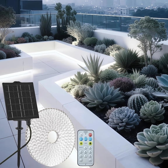 32.8ft Solar LED Strip Lights Outdoor, 640 LED, Cool White Flexible Rope Light with Remote Control, Dimmable, 8 Modes, IP68 Waterproof Self-Adhesive Accent Lighting for Patio Pool Stair Decor