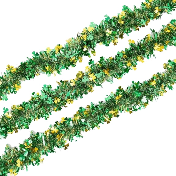 32.8ft St. Patrick's Day Tinsel Garland, Metallic Green Tinsel with Gold Shamrock Clover Streamers, Lucky Irish Party Decoration for Home, Mantel, Pub, Office Decor
