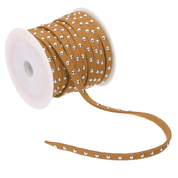 32.8ft Studded Faux Suede Cord Rope for Jewelry Making 5mm Micro Fibre Flat Leather Lace Beading String Ribbon with Rivets, Brown Silver
