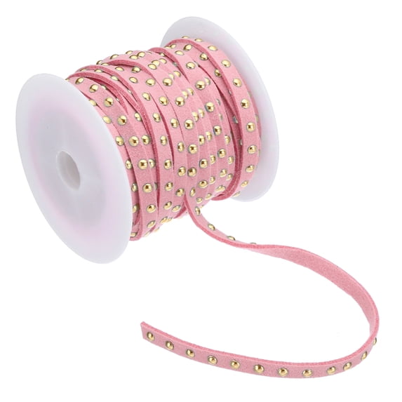 32.8ft Studded Faux Suede Cord Rope for Jewelry Making 5mm Micro Fibre Flat Leather Lace Beading String Ribbon with Rivets, Pink Golden