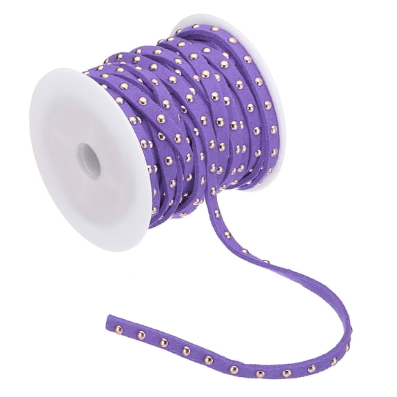 32.8ft Studded Faux Suede Cord Rope for Jewelry Making 5mm Micro Fibre Flat Leather Lace Beading String Ribbon with Rivets, Purple Golden