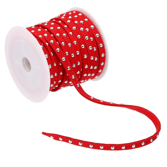 32.8ft Studded Faux Suede Cord Rope for Jewelry Making 5mm Micro Fibre Flat Leather Lace Beading String Ribbon with Rivets, Red Silver