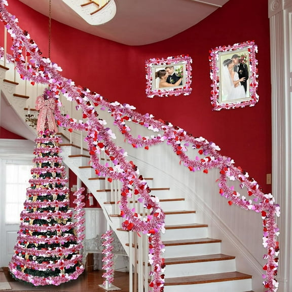 32.8ft Tinsel Valentines Day Red Pink Heart Garland with Red Heart Banners for Christmas Valentine's Day Party Wedding Supply Home Decorations