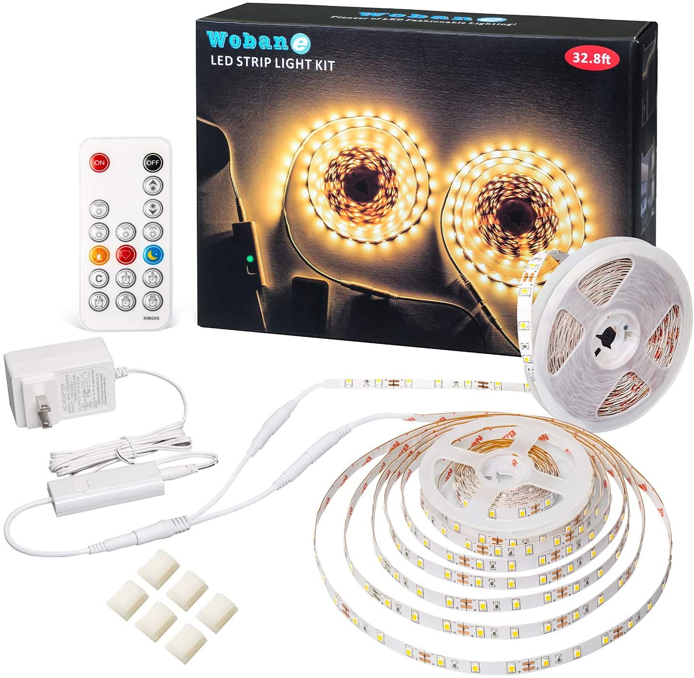 32.8ft Warm White Dimmable LED Strip Lights with Remote Control