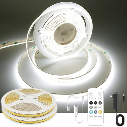 32.8ft White COB LED Strip Light, High Bright LED Strips with 320LEDs, RF Remote and UL Power Supply, 6000K Dimmable LED Lights for Bedroom, Kitchen, DIY Home Decoration, 2 Rolls of 16.4ft