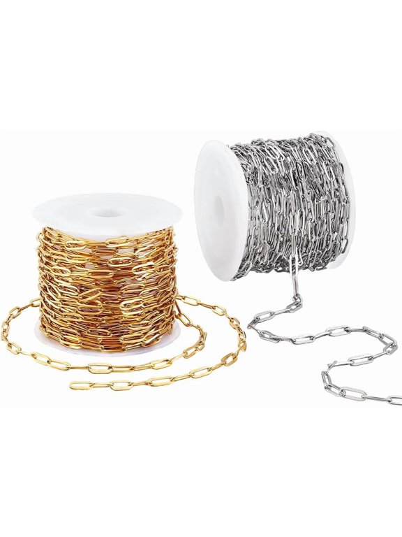 32.8ft x 3mm 18K Gold Plated 304 Stainless Steel Chains Paperclip Chains Silver Golden Chain for Purse Jewellery Making Necklace Bracelet Chain Bulk 2 Rolls Real Gold Plated & Stainless Steel Color