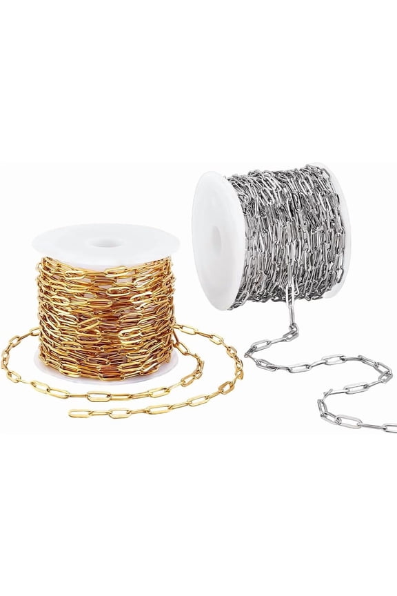 32.8ft x 3mm 18K Gold Plated 304 Stainless Steel Chains Paperclip Chains Silver Golden Chain for Purse Jewellery Making Necklace Bracelet Chain Bulk for Punk Style DIY Crafts 2 Rolls