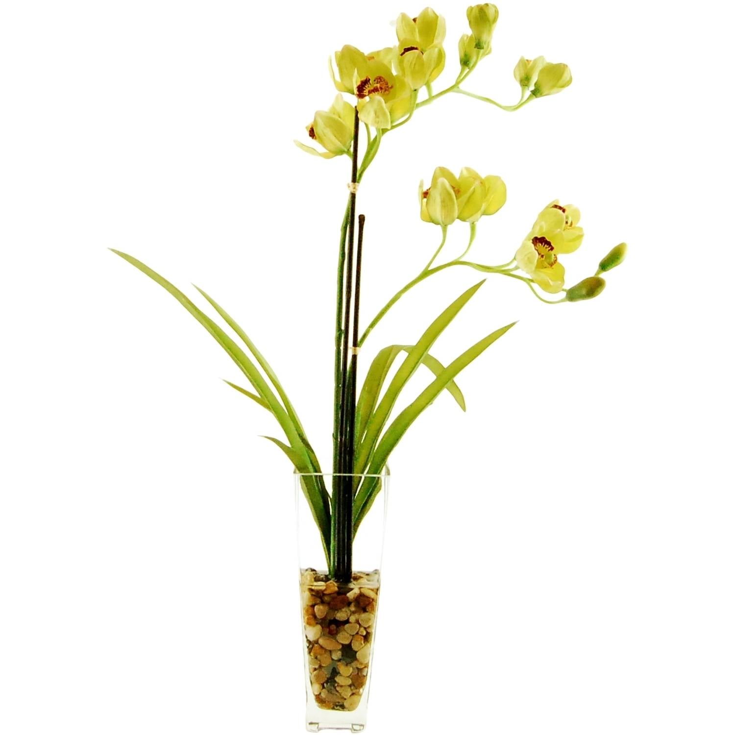 32" Artificial Cymbidium Orchids in a Tapered Glass Vase with River Rocks and Acrylic Water