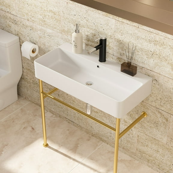 32" Bathroom Sink Console Overflow - White Ceramic Basin & Frame Attractive Legs