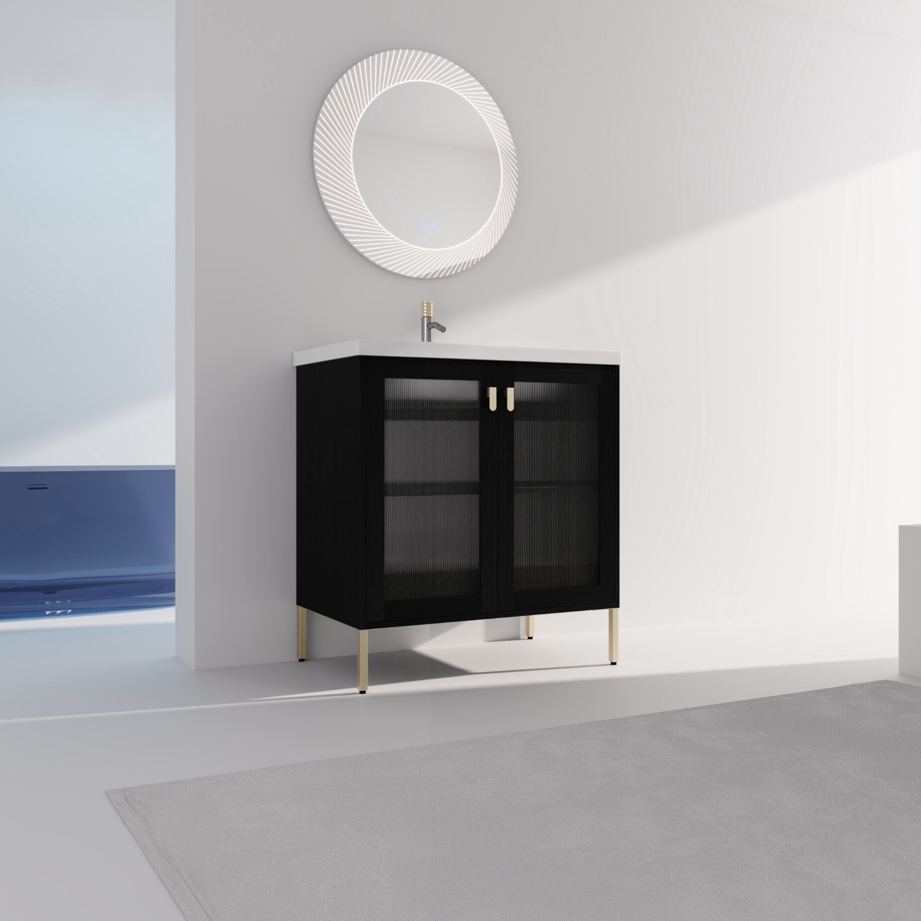 32" Bathroom Vanity, Modern Double Door Storage Cabinet With Ceramic Single Sink, Soft Closing Glass Door, Freestanding Bathroom Sink Cabinet, Black