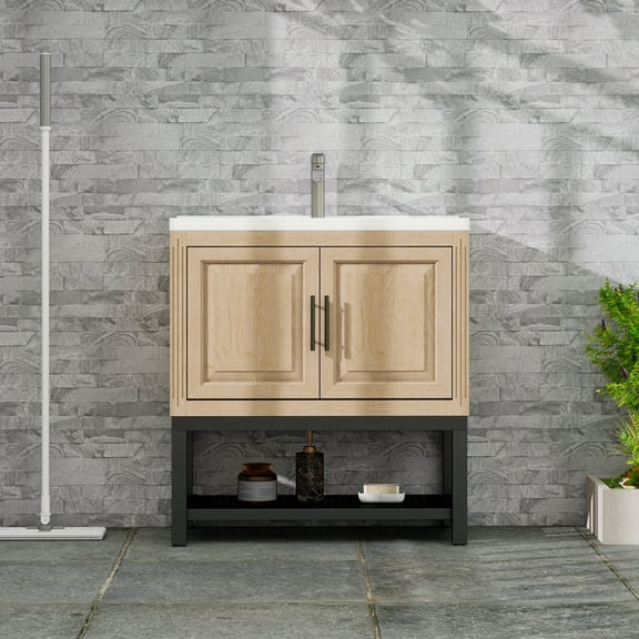 32" Bathroom Vanity with White Ceramic Sink & Hot and Cold Faucet , Freestanding Bathroom Cabinet with 2 Storage Doors and Open iron Shelf for Bathroom