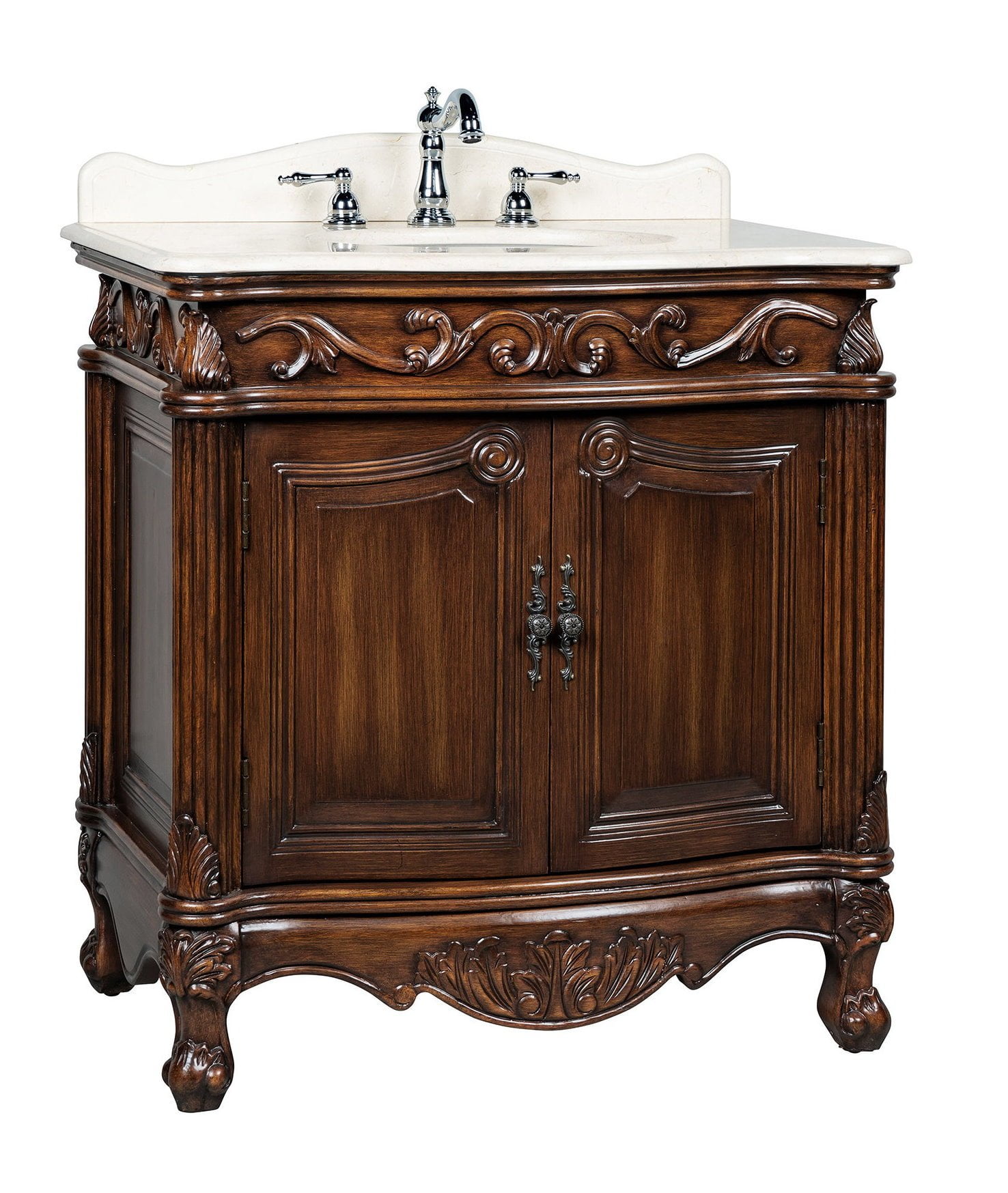 32'' Medium Brown Traditional Marble Top Bathroom Vanity