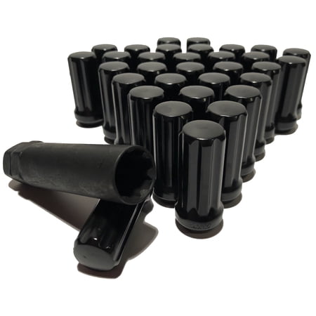 32 Black 14x1.5 Long 7 Spline Lug Nuts 1.90" Tall XL Locks With Key Chevy GMC