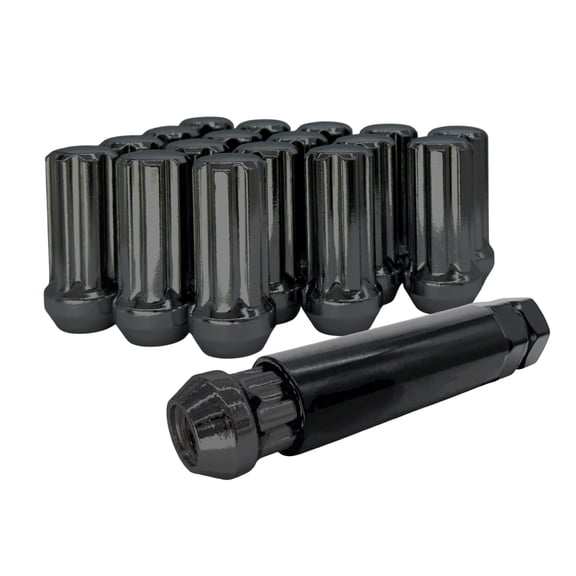 32 Black 14x1.5 XL Long 7 Spline Wheel Lug Nuts - 1.9 Inch Tall - Bulge Acorn with Key - Fits Many Chevy, GMC, Lincoln, Ram, Escalade, 1500, Navigator