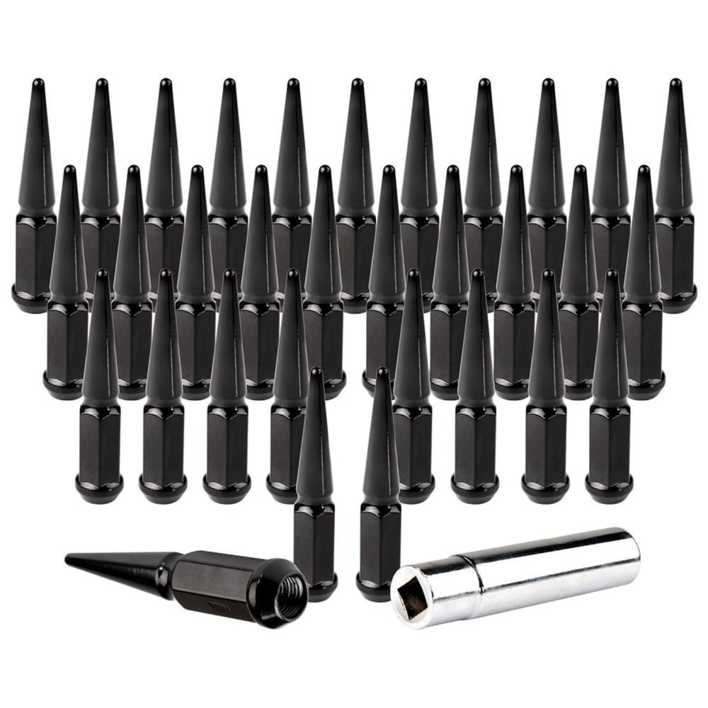 32 Black 4.5" Tall M14x1.5 Spike Lug Nuts + Key Fits Ford F-250 F-350 Super Duty