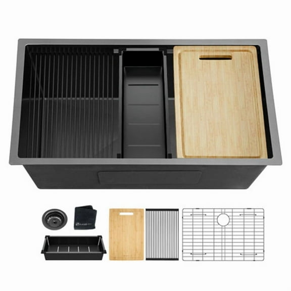 32" Black Undermount Kitchen Sink Stainless Steel 32 Inch Undermount Kitchen Sink Workstation 18 Gauge Single Bowl Handmade Sink 32"x19"x10"