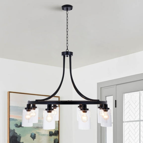 32" Black Wagon Wheel Chandelier, 8-Light Farmhouse Glass Pendant Lights Kitchen Island Round Hanging Lighting fixtures Ceiling for Living Room, Dining Room, Kitchen Island, Entryway, Foyer