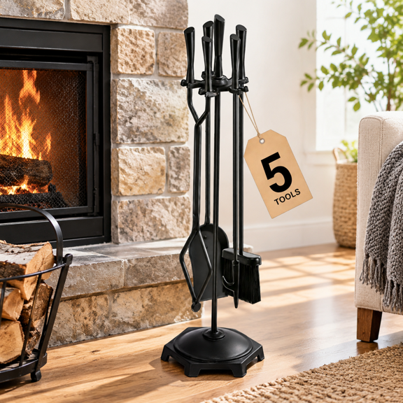 32" Black Wrought Iron 5-Piece Fireplace Tool Set with Stand
