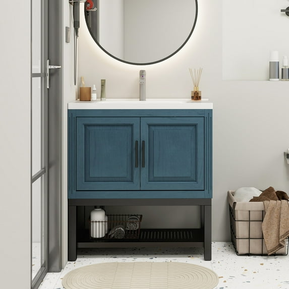 32" Blue Bathroom Vanity with Ceramic Sink and Hot and Cold Faucet, Freestanding Cabinet with Two Storage Doors and Open Iron Shelf, Modern Floor Standing Design