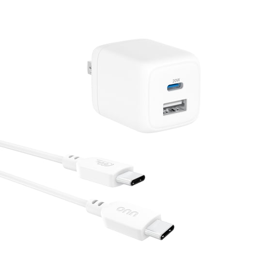 onn 32W Dual USB-C and USB-A Port Wall Charger with 3ft C-C Cable, Fast Charging, USB-IF Certified, Foldable Plug, White - Compatible with iPhone 17/16/15 Series, Galaxy, Pixel, iPad Pro, & More