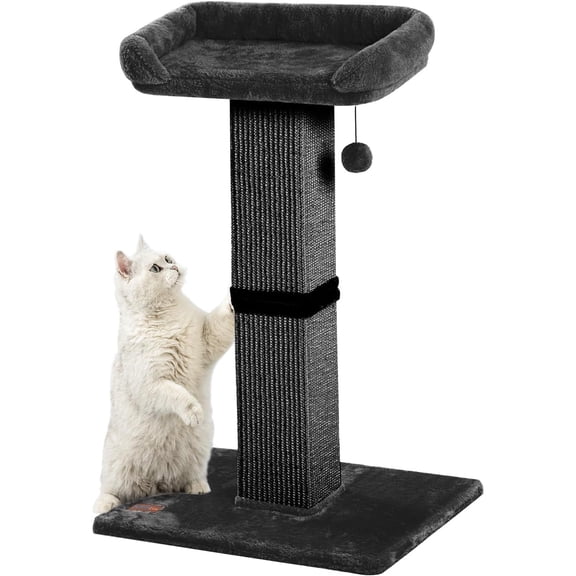 32" Cat Scratching Post for Indoor Cats, Sisal Cat Scratcher with Plush Perch, Large Scratch Post with Bed, Removable Cover, Sisal Fabric,Black