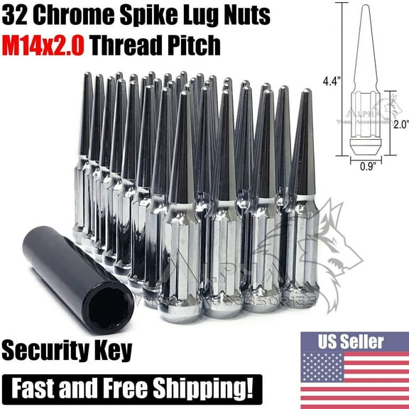 32 Chrome 14x2 Spline Spike Lug Nuts For 99-02 Ford F-250 F-350 Excursion 14x2.0