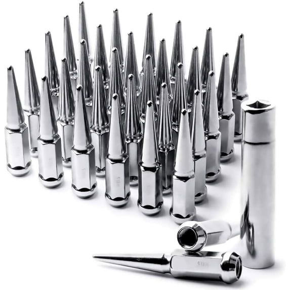32 Chrome Spike Lug Nuts 14x1.5 Compatible with Chevy Silverado Compatible with GMC Sierra 2500 3500 HD 4.5"