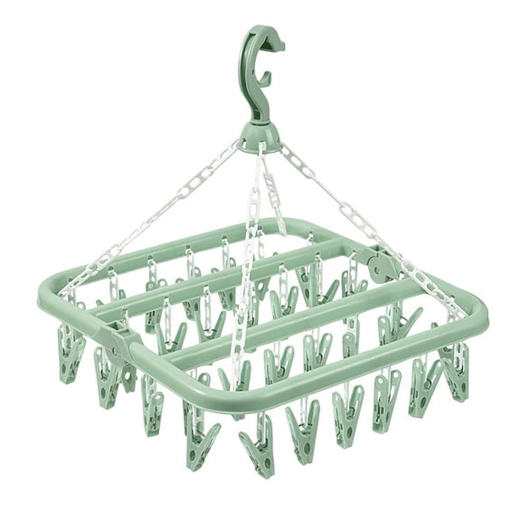 32-Clip Green Drying Rack With Sock Clips, Multifunctional Windproof Foldable Hanger For Laundry - Non-Marking Anti-Slip 32-Clips, Windproof Construction For