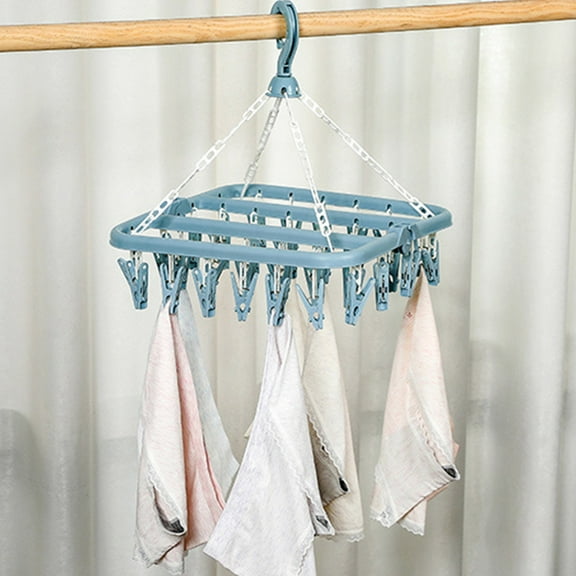 32 Clip Hanging Folding Clothes Rack Sock Dryer Drying Rack with Underwear Hanger with Clips, Plastic Laundry Clip and Drip Drying Hanger for Socks, Bras, Lingerie, Clothes, Sturdy