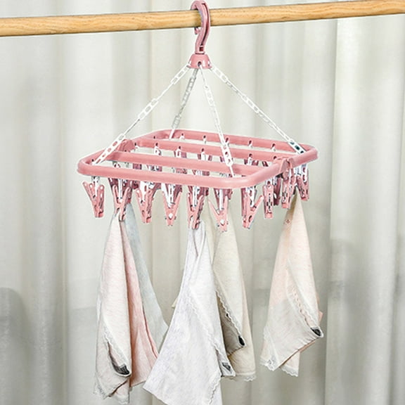 32 Clip Hanging Folding Clothes Rack Sock Dryer Drying Rack with Underwear Hanger with Clips, Plastic Laundry Clip and Drip Drying Hanger for Socks, Bras, Lingerie, Clothes, Sturdy