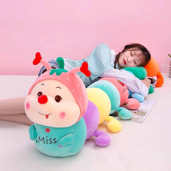 32"Colorful Caterpillar Plush Toy,Ultra-Soft Stuffed Pillow,Multi-Segment Giant Plushies,Strawberry Head Design Long Strip Throw Pillow for Sleeping and Side Support Great Birthday Gift for Friends