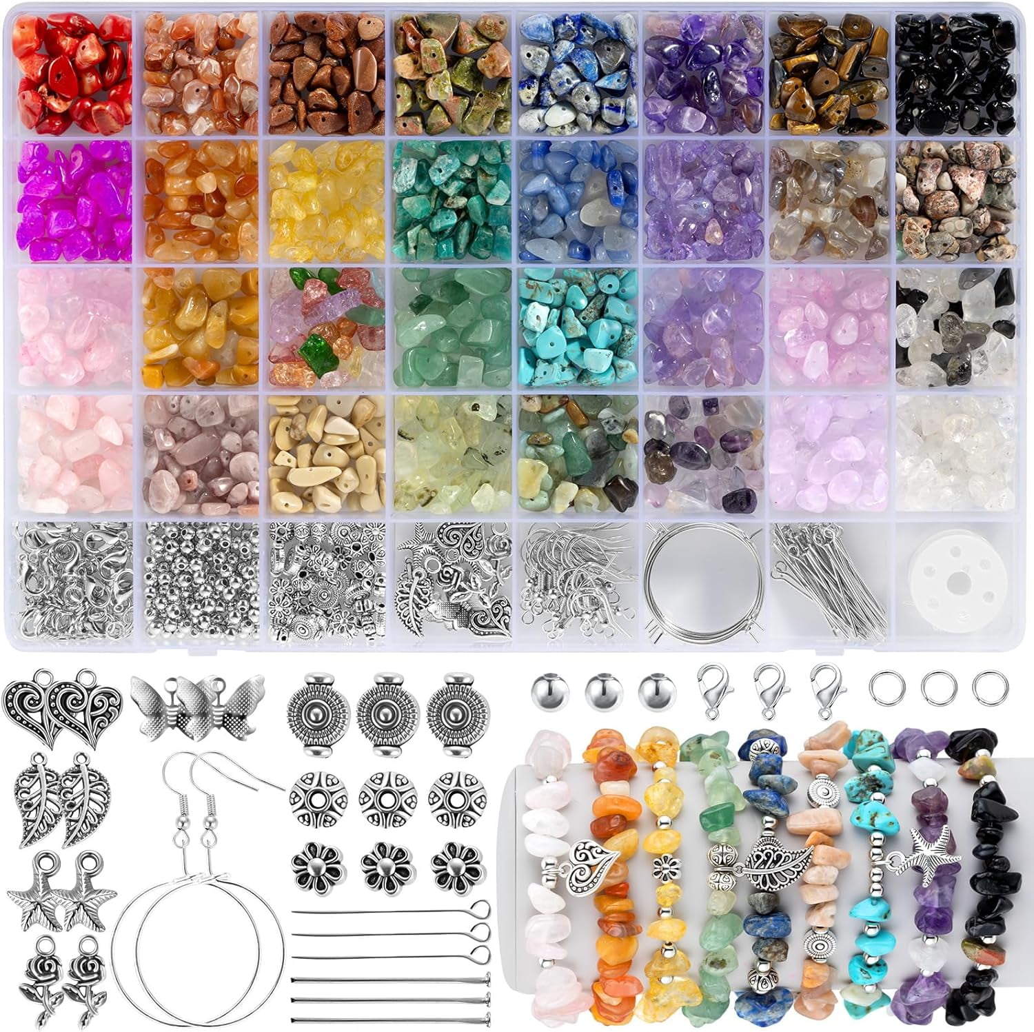 32 Colors Crystal Beads for Jewelry Making,1200 Pcs Natural Stone Beads Bracelet Making Kit Adults 5-8mm Irregular Crystals and Gemstones Chips for Bracelet Necklace Earring DIY Craft