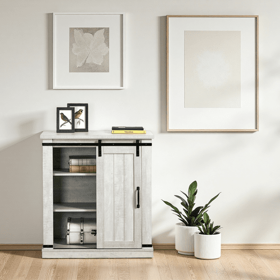 Joy River 32" Compact TV Stand with Barn Door & Adjustable Shelf,Light Tan