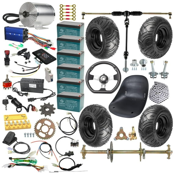 32" Complete Go Kart Rear Axle Kit Steering Parts & 72V 3000W Electric Motor Kit & 13x5.00-6" Wheels Tires & Go Cart Seat &428 Chain Sprocket for DIY Drift Trike Golf Cart ATV Quad Buggy
