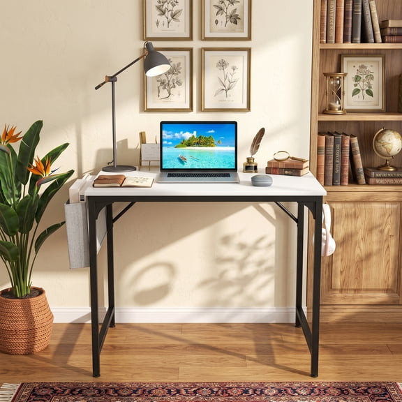 32" Computer Desk with Charging Station & Storage Bag, Study & Gaming Desk with Metal Frame for Small Spaces,White