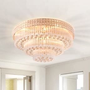 32" Crystal Gold Ceiling-Light Flush Mount with Remote Control, Modern Crystal Raindrop Chandeliers for Bedroom Hallway Dinning and Living Rooms-Round