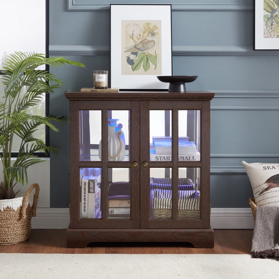 32" Curio Display Cabinet with LED Light Strip and Adjustable Glass Shelves, Lighted Curio Display Showcase with Lattice Doors, Elegant Storage Cabinet for Home Decor, Cherry