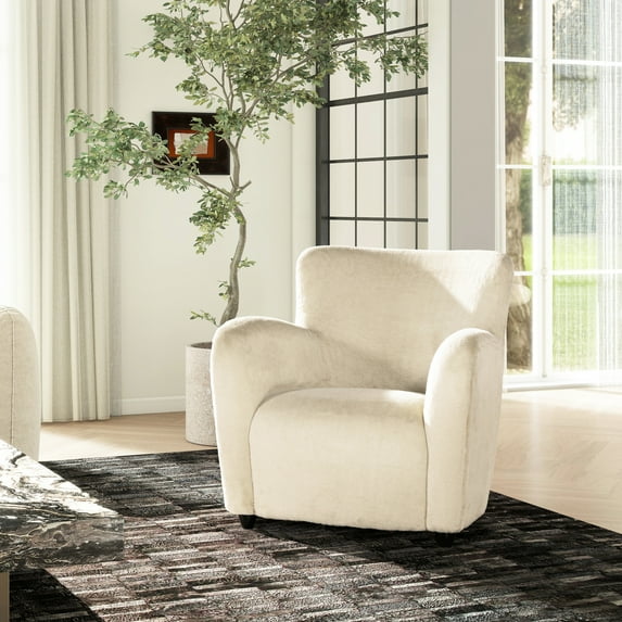 32" Curved Armchair In White Faux Fur - Comfortable & Fashionable Chair With Arm Rests Chic