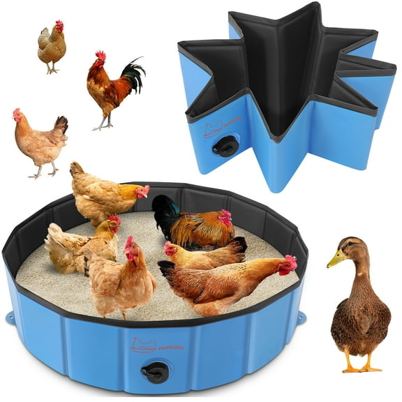 32'' D * 8'' H Chicken Dust Bath Tub, Foldable Design, Extra-Tough PVC, Chicken Coop Lime,Dust Bath for Chickens,Chicken Coop Cleaner Container,Essential Chicken Coop Accessory(Blue)