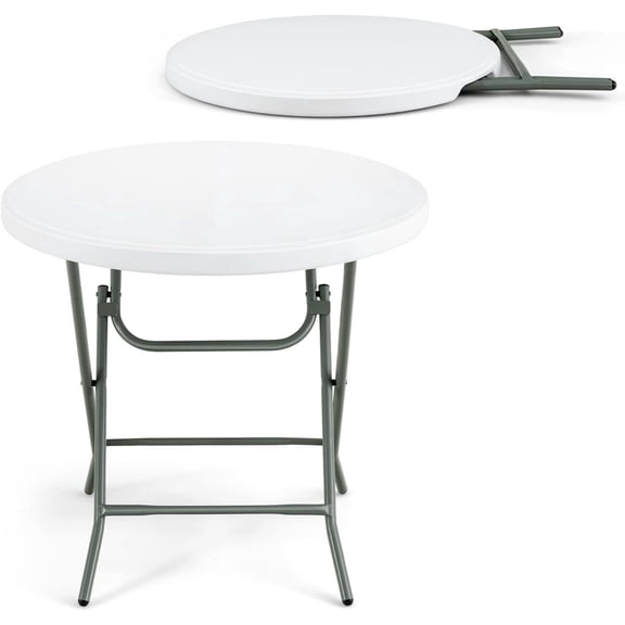 32" D Round Folding Table, Portable Plastic Card Table with Thickened HDPE Tabletop and Sturdy Metal Frame, Indoor & Outdoor Banquet Table for Picnic, Camping, Events, Weddings, White