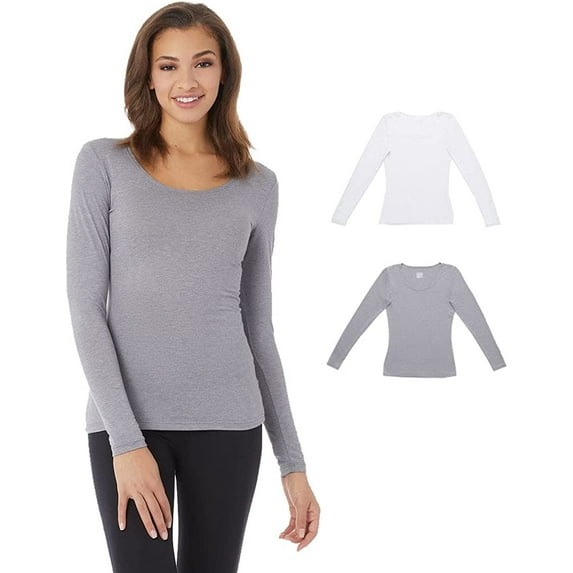 32 DEGREES Women's 2 Pack Ultra Lightweight Thermal Long Sleeve Baselayer Shirt | Scoop Neck Top, White/Grey Heather, X-Large